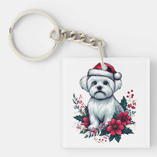 Floral Festive Maltese Dog with Santa Hat Xmas Dog Keychain