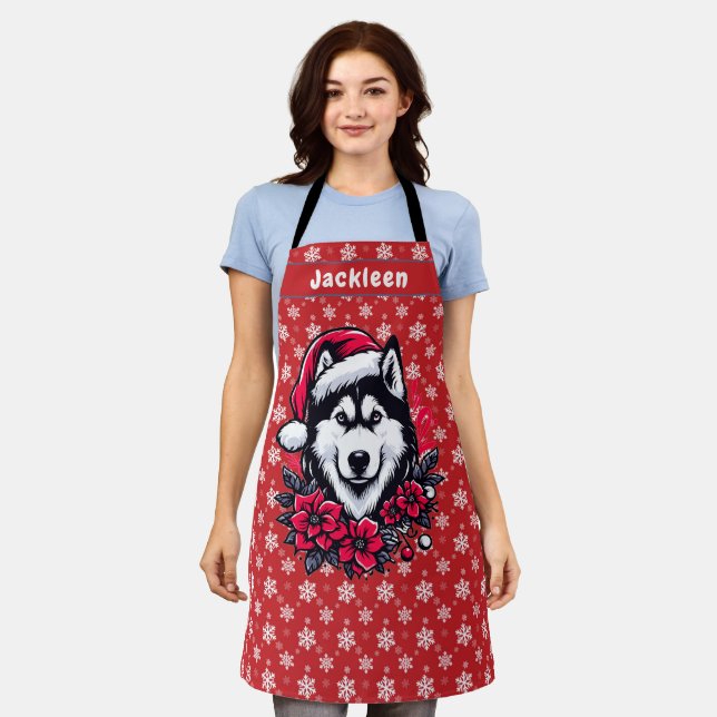Floral Festive Santa Husky Dog Personalized Name Apron (Worn)