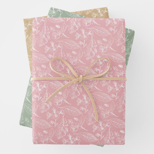 Floral Feuille Art Motif Sur Sage Rose Vert Beige (En situation)