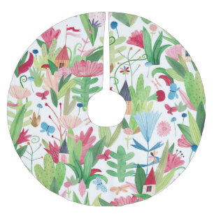Floral Fields: Watercolor Houses Pattern Brushed Polyester Tree Skirt