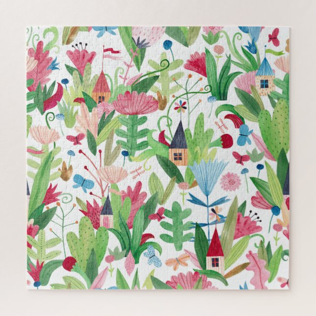 Floral Fields: Watercolor Houses Pattern Jigsaw Puzzle (Vertical)