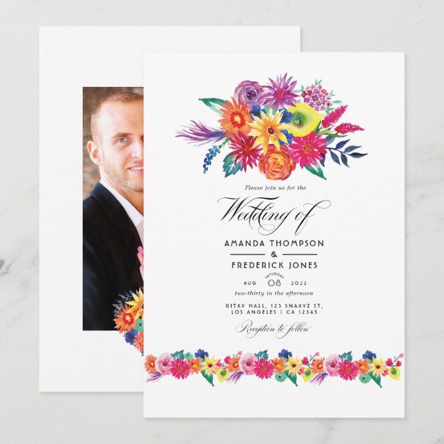 Floral Fiesta Wedding Photo Invitation (Front/Back)