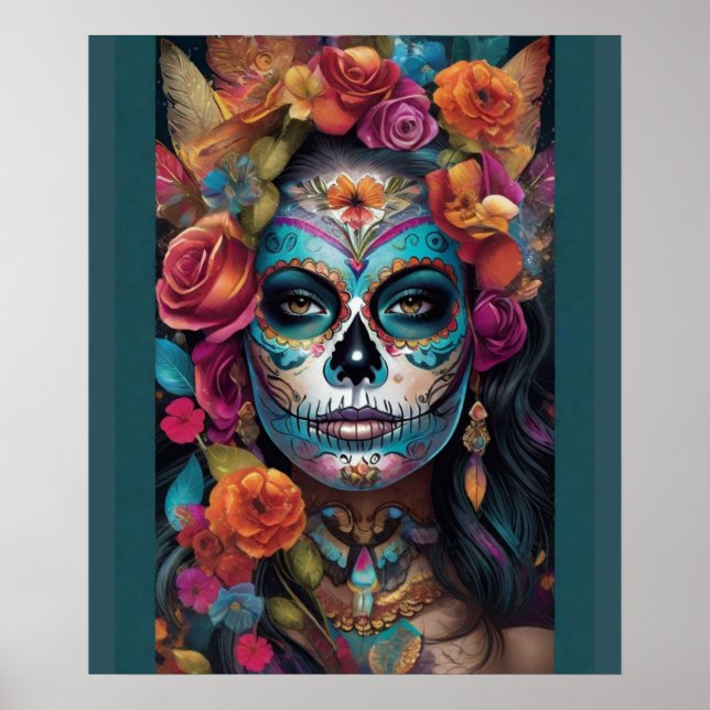 Floral Fiesta: Woman Embraces Dia de los Muertos Poster (Front)