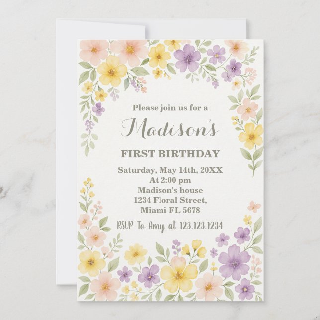 Floral First Birthday Invitation (Front)