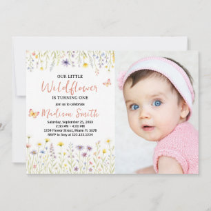 Floral First Birthday Invitation with photo