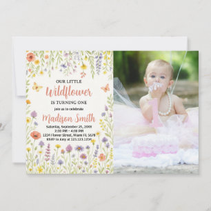 Floral First Birthday Invitation with photo