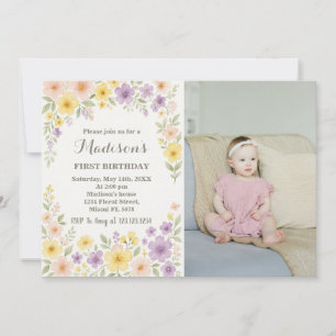 Floral First Birthday Invitation with photo
