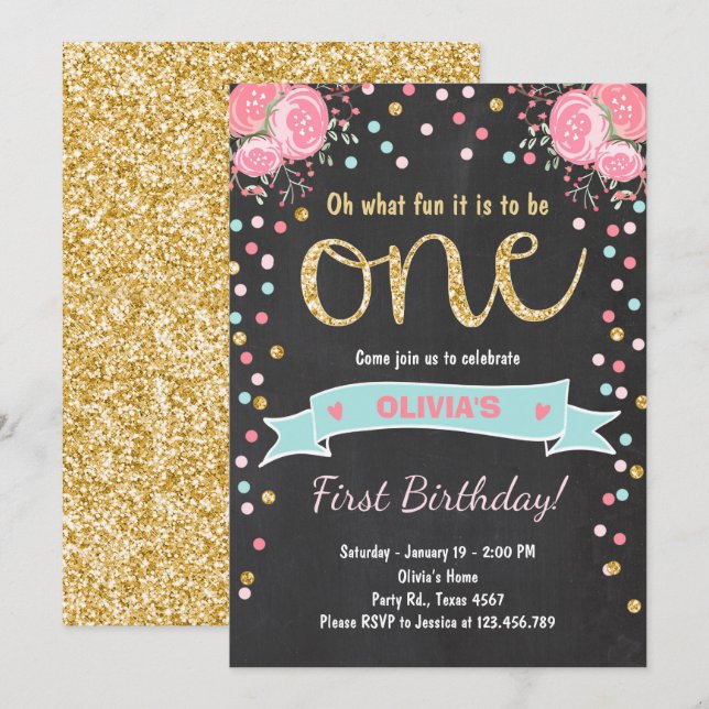 Floral First birthday invite Girl Pink Gold Roses (Front/Back)