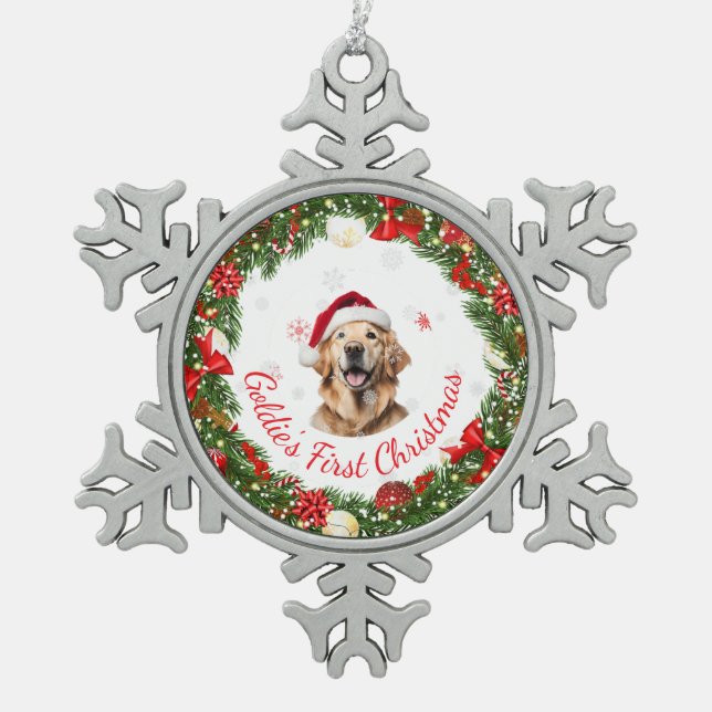 Floral First Christmas Classic keepsake for Pets Snowflake Pewter Christmas Ornament (Front)