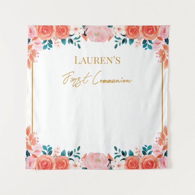 Floral First Communion Girly Backdrop Tapestry (Front)
