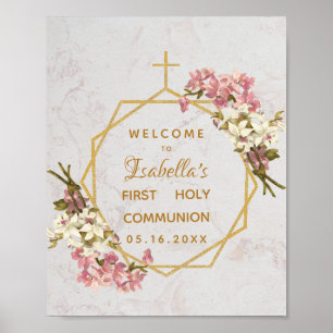 Floral First Communion Gold Marble Orchids Welcome Poster