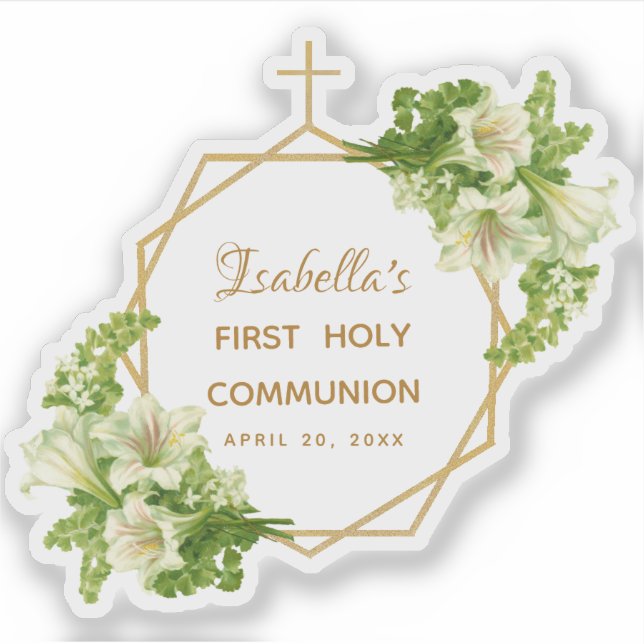 Floral First Communion Gold White Lilies Geometric (Front)