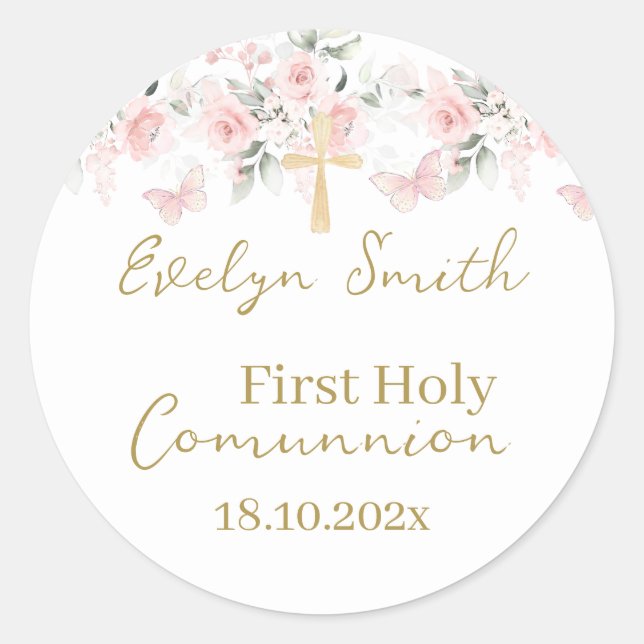 Floral First Communion Stikers, Girl Classic Round Sticker (Front)