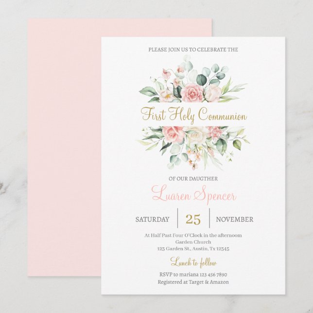 Floral First Holy Communion for girl Invitation (Front/Back)