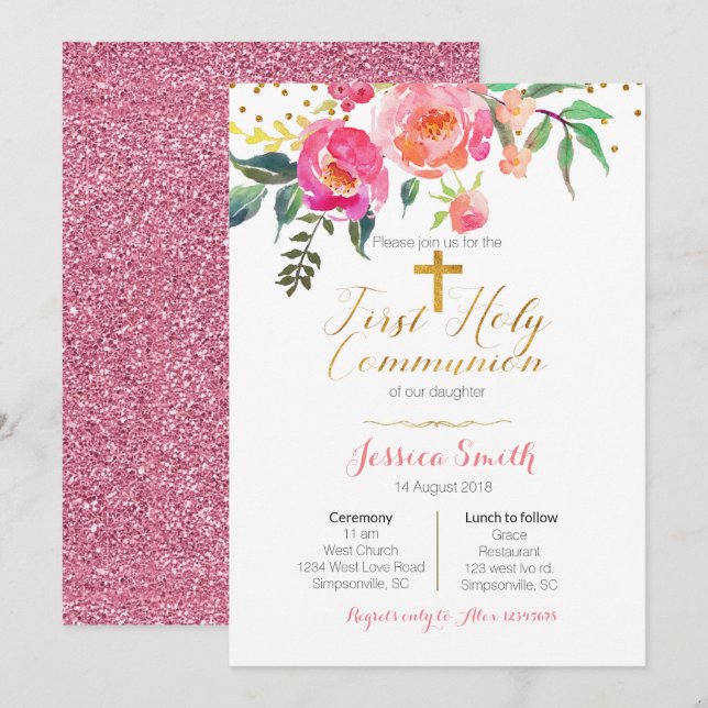 Floral First Holy Communion Invitations (Front/Back)