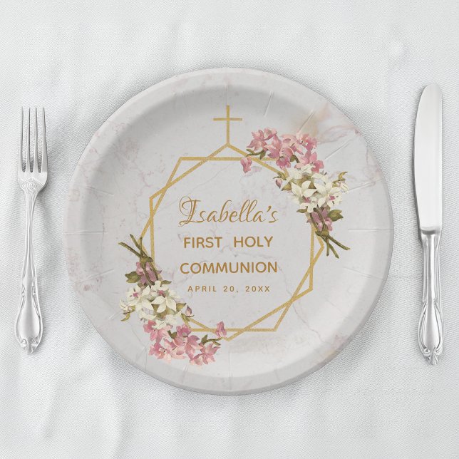 Floral First Holy Communion Orchid Gold on Marble Paper Plate (Creator Uploaded)
