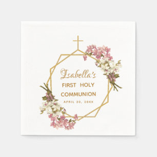 Floral First Holy Communion Orchids Gold Geometric Napkin