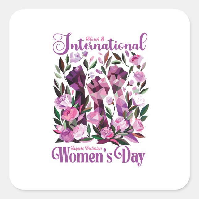 Floral Fists International Women's Day March 8 Square Sticker (Front)
