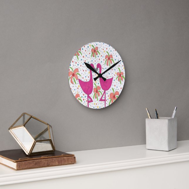 Floral Flamingo Fiesta Round Clock (Office)