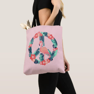 Floral Flamingo Peace Sign Cute Pink Tote Bag
