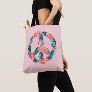 Floral Flamingo Peace Sign Cute Pink  Tote Bag