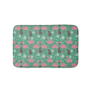 Floral flamingo seamless pattern pink green bath mat