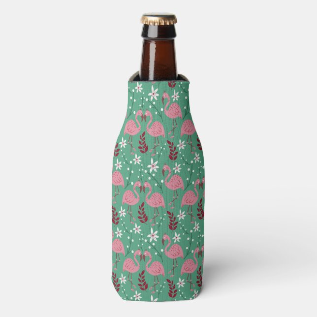 Floral flamingo seamless pattern pink green bottle cooler (Bottle Front)