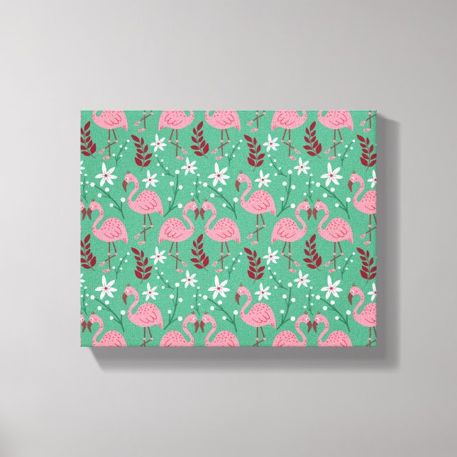 Floral flamingo seamless pattern pink green canvas print (Front)