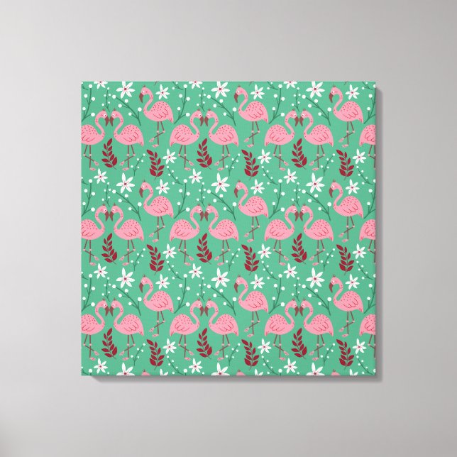 Floral flamingo seamless pattern pink green canvas print (Front)