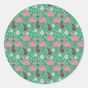 Floral flamingo seamless pattern pink green classic round sticker