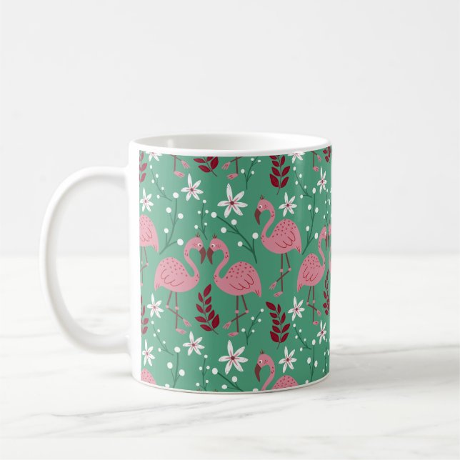 Floral flamingo seamless pattern pink green coffee mug (Left)