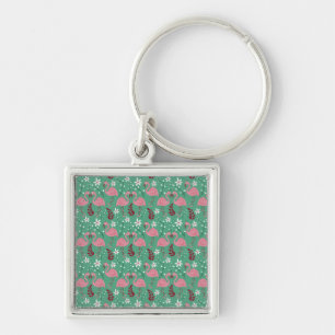 Floral flamingo seamless pattern pink green keychain