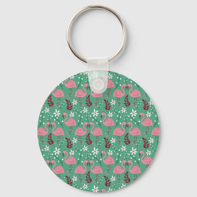 Floral flamingo seamless pattern pink green keychain (Front)
