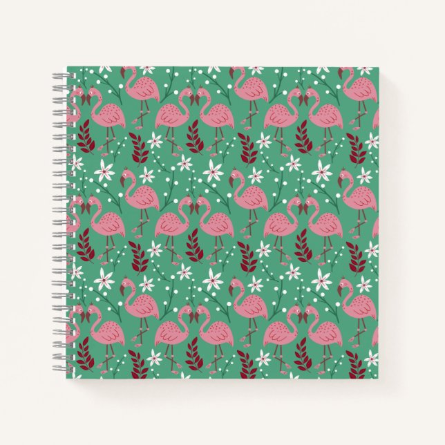 Floral flamingo seamless pattern pink green notebook (Front)