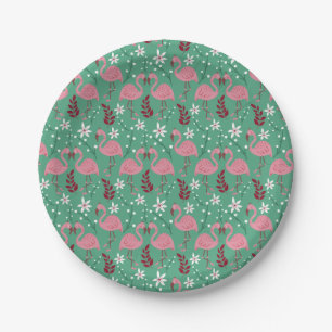 Floral flamingo seamless pattern pink green paper plate