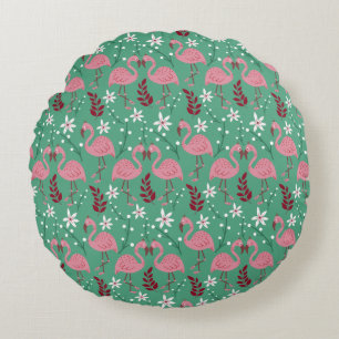 Floral flamingo seamless pattern pink green round pillow