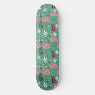 Floral flamingo seamless pattern pink green skateboard