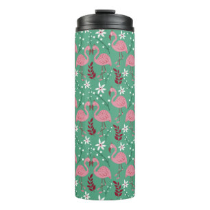 Floral flamingo seamless pattern pink green thermal tumbler