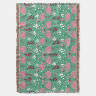 Floral flamingo seamless pattern pink green throw blanket