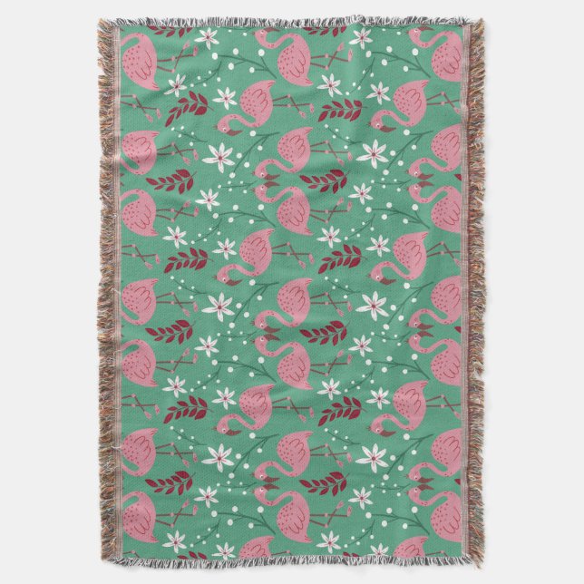 Floral flamingo seamless pattern pink green throw blanket (Front Vertical)