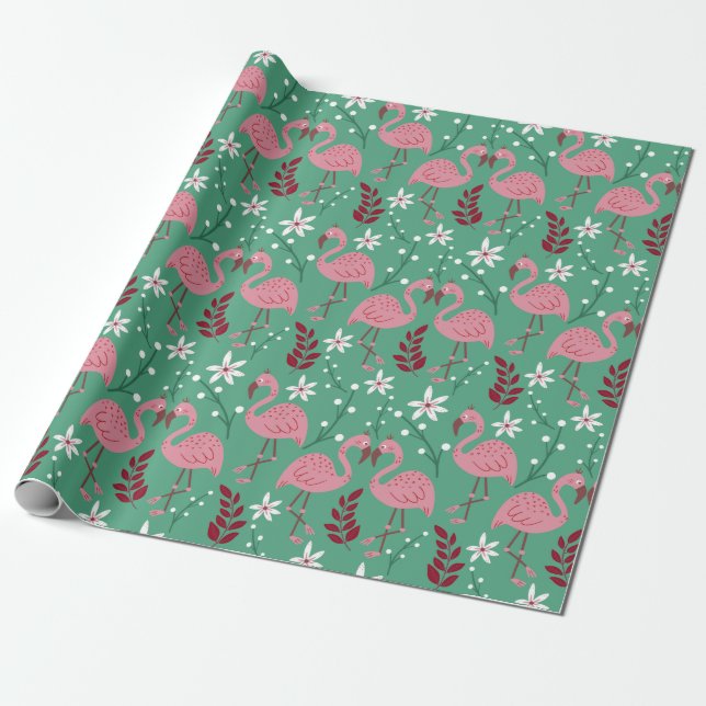 Floral flamingo seamless pattern pink green wrapping paper (Unrolled)