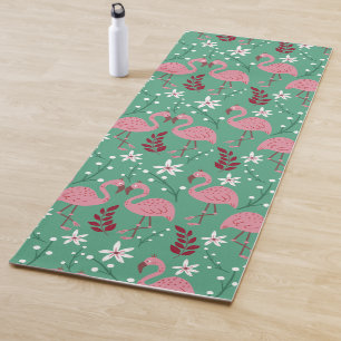 Floral flamingo seamless pattern pink green yoga mat