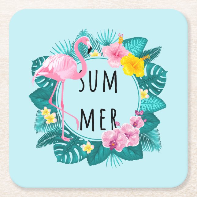 Floral Flamingo Summer Bliss  Square Paper Coaster (Front)
