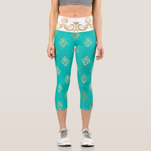 Floral fleur de lis pattern teal gold capri leggings