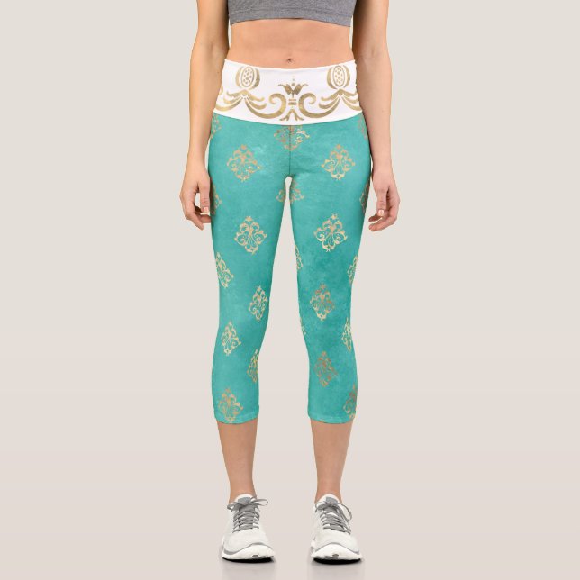 Floral fleur de lis pattern teal gold capri leggings (Front)