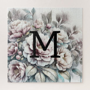 Floral floral drawing monogram pink blue peonies jigsaw puzzle