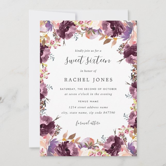 Floral Florom Purple Sweet 16 Invitation (Devant)