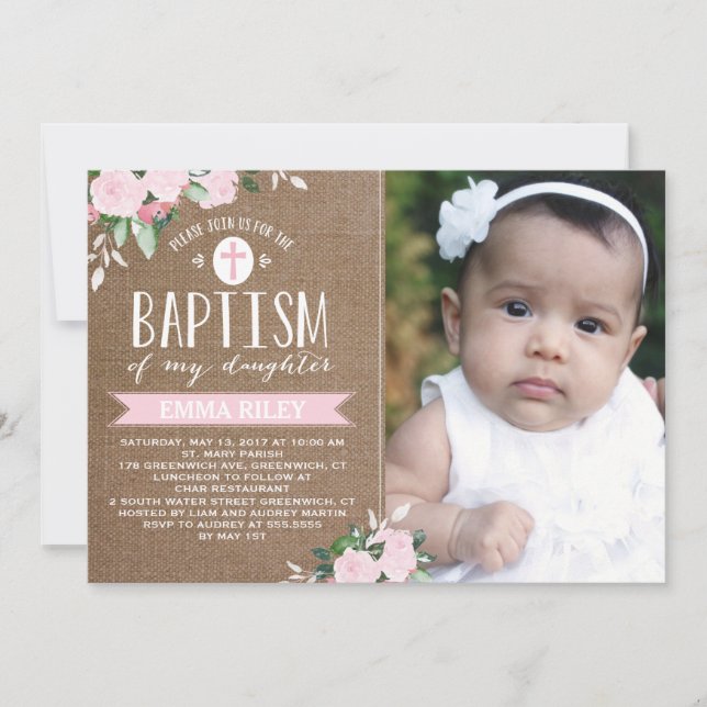 Floral Floroms Burlap | Invitation au baptême (Devant)