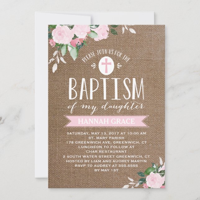 Floral Floroms Burlap rose | Invitation au baptême (Devant)