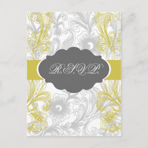 floral flourish grey and yellow Wedding Invitation Postcard